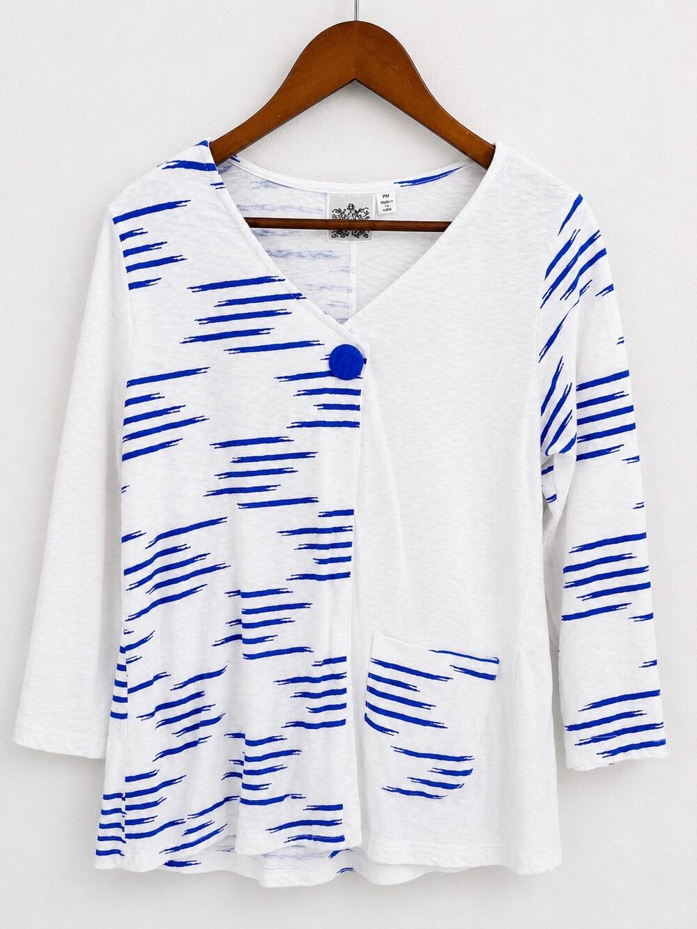 Parsley and Sage White Blue Abstract Stripe Cotton Asymmetrical Top Size PM